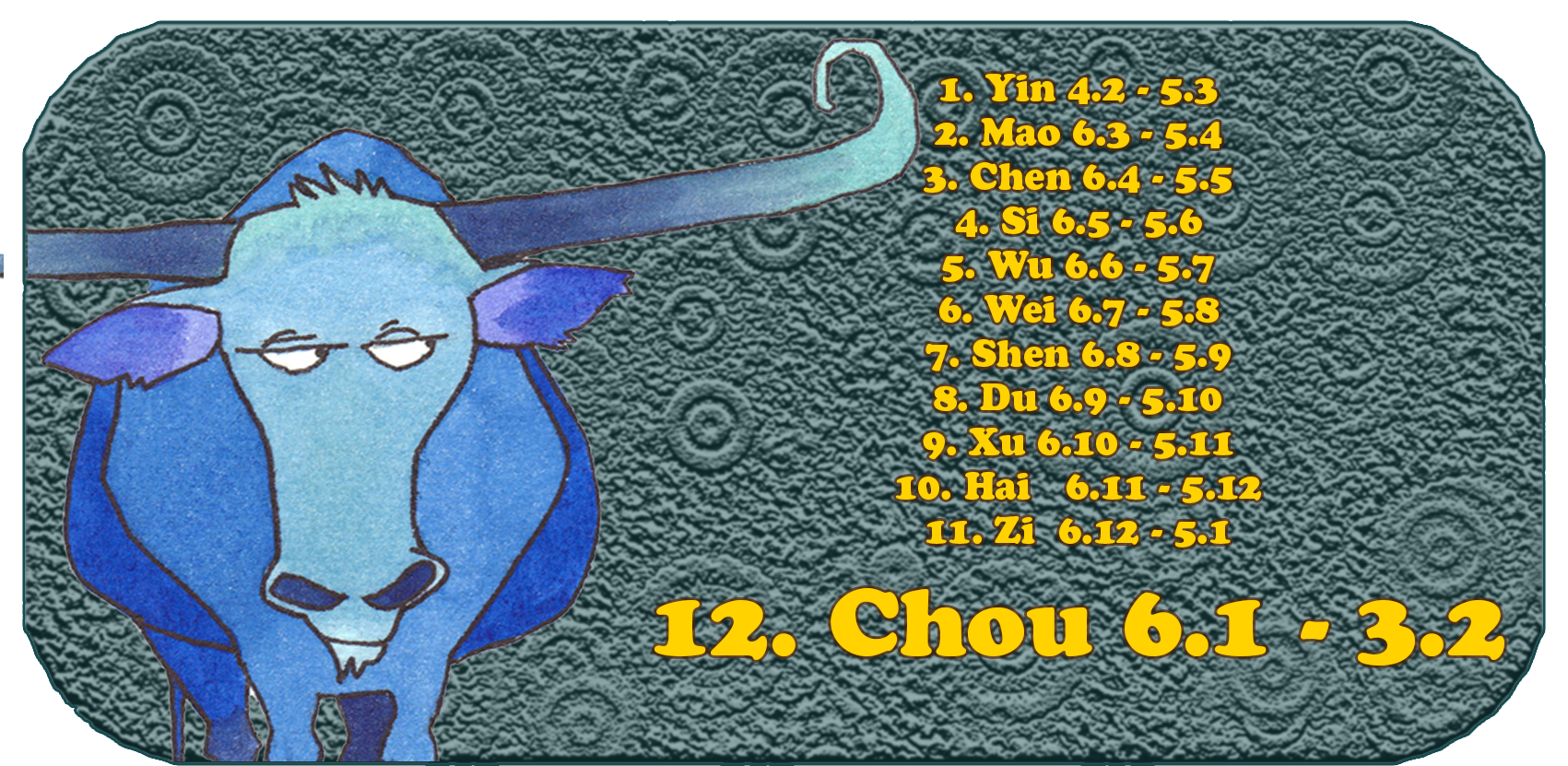 Kinesisk dyrekrets | De tolv kinesiske dyrene | Tyren, januar, måned 12, Chou