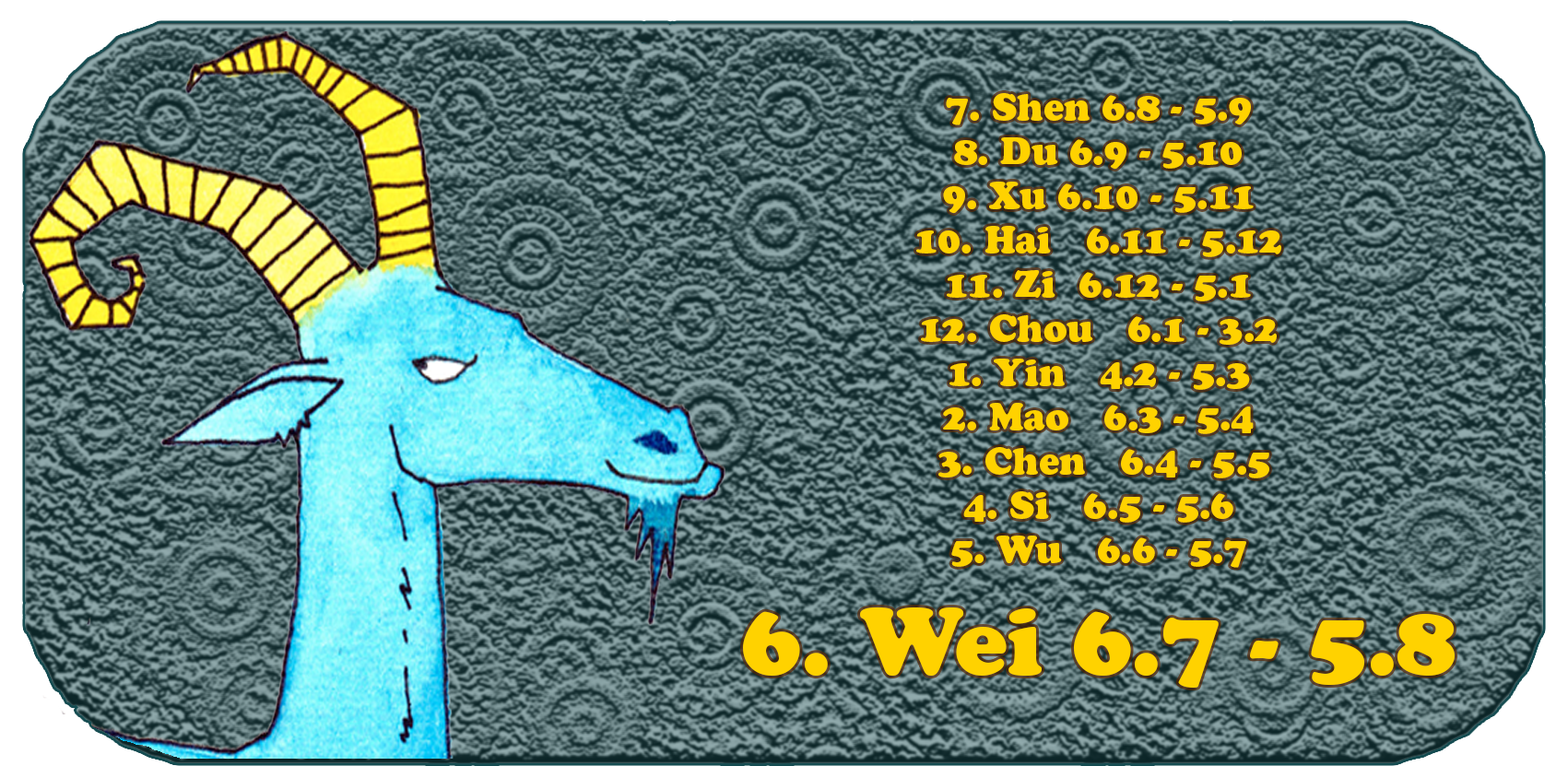 Kinesisk dyrekrets | De tolv kinesiske dyrene | Geit, juli, måned 6, Wei