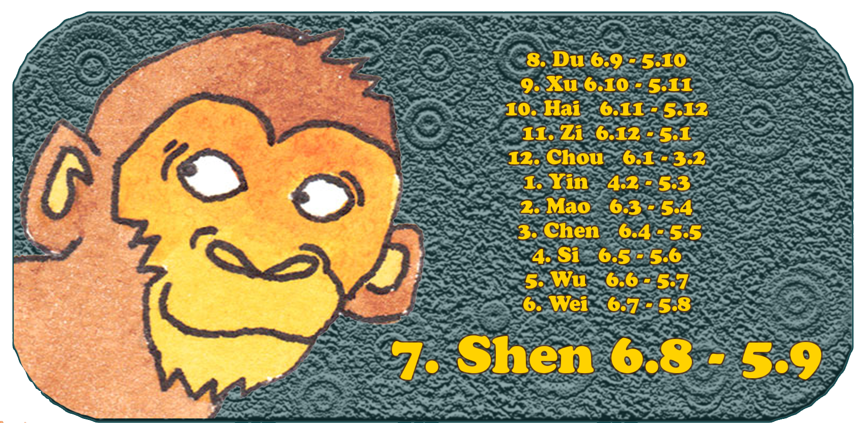 Kinesisk stjernetegn | De tolv kinesiske dyrene | ape, januar, måned 7 Shen